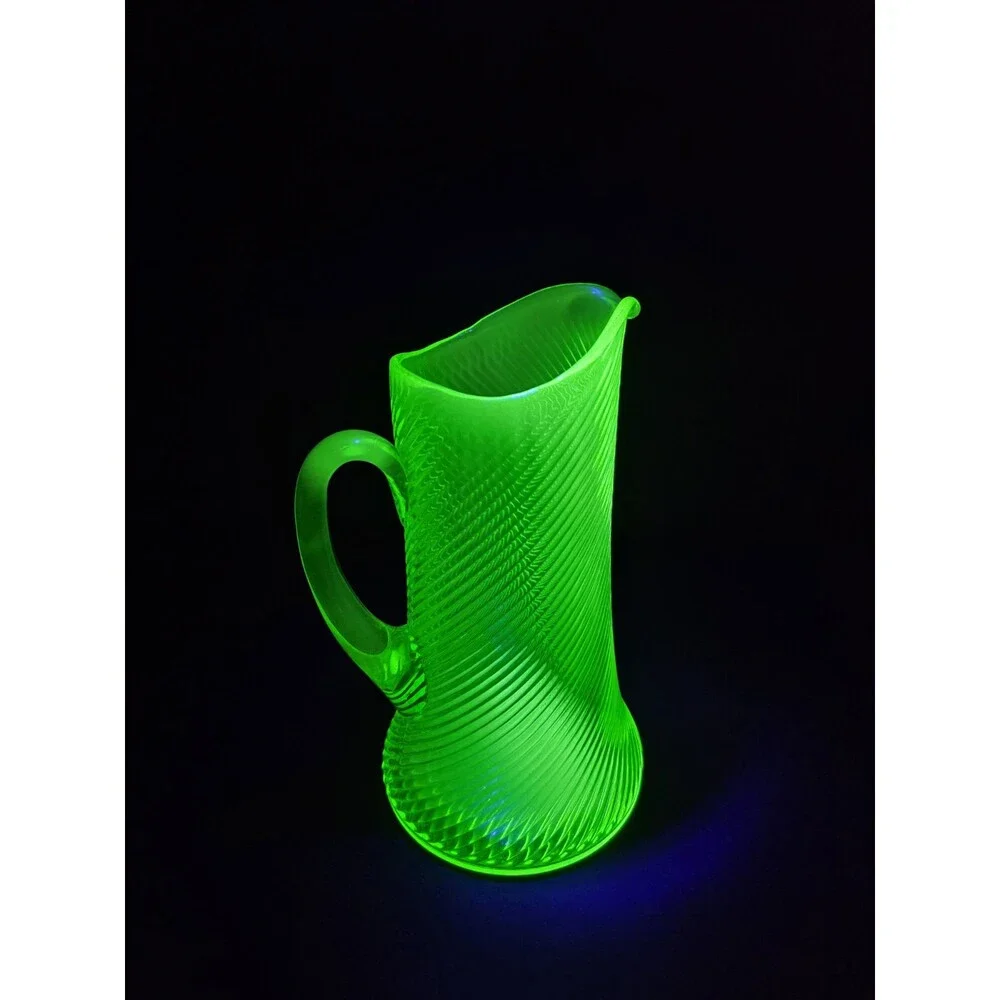 Antique Vintage Green Uranium Glass Pitcher – Diagonal Spiral Swirl Optic Ribbed